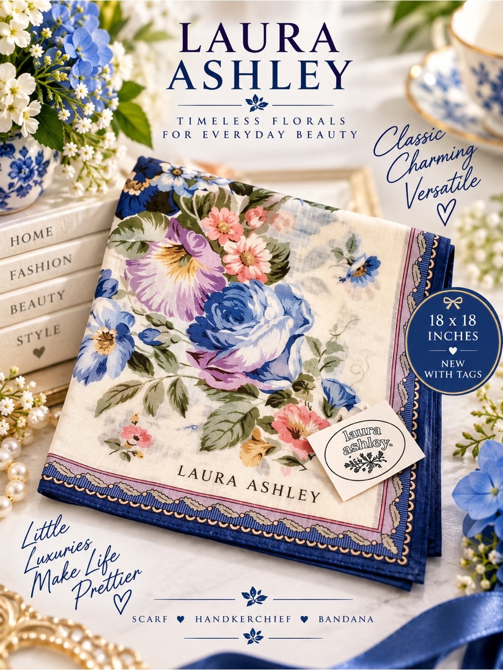 Laura Ashley Floral Handkerchief - New Blue and Multicolor Bandana Square